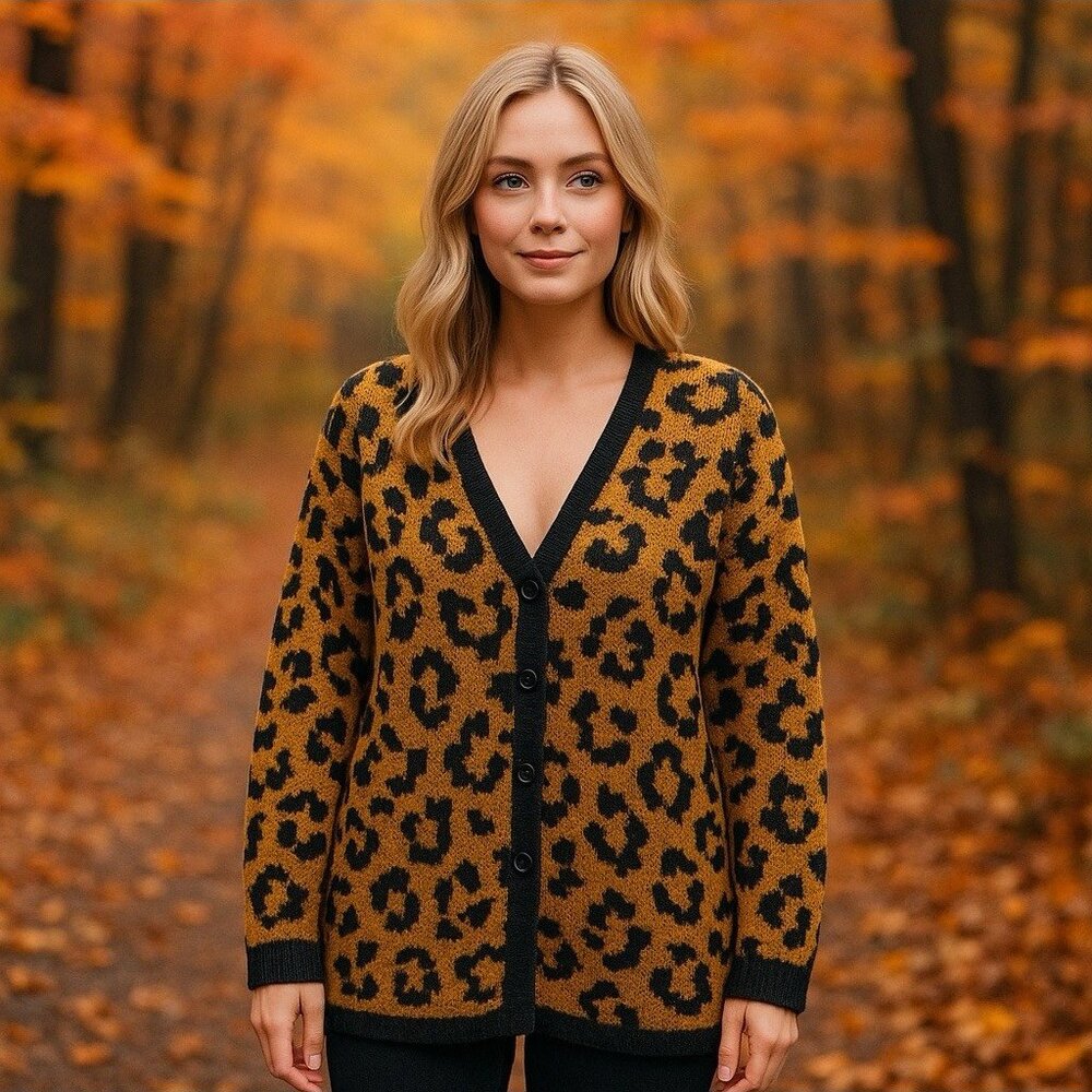 NWOT UNIF Leopard Animal Print Wool Blend Oversized Cardigan Cozy Holiday‎ S